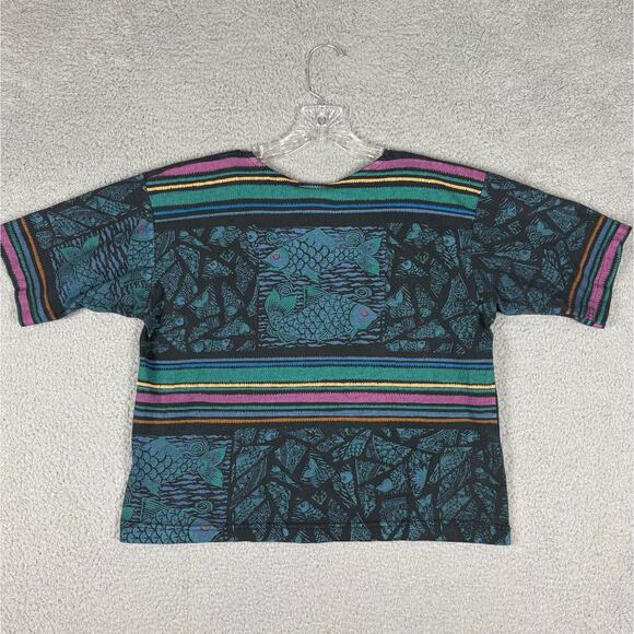 Vtg Bacio Top Women’s Medium Multicolor Fish Print Crop T-shirt USA 80s 90s - Picture 10 of 10